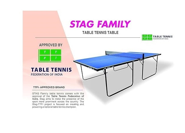 STAG GLOBAL Family Series Table Tennis Table | Indoor T.T Table 16mm Blue Top With 2 TT Rackets, 6 Balls, 1 Table Cover & Clamp Net