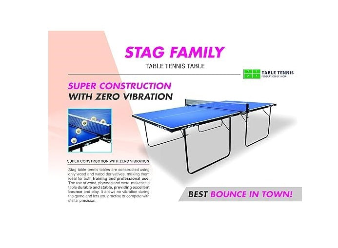 STAG GLOBAL Family Series Table Tennis Table | Indoor T.T Table 16mm Blue Top With 2 TT Rackets, 6 Balls, 1 Table Cover & Clamp Net