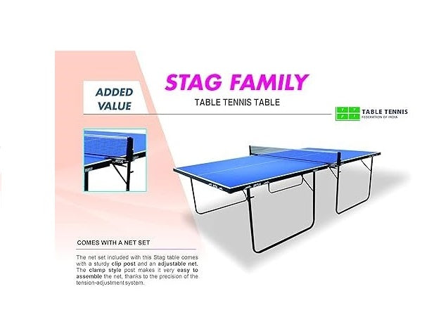 STAG GLOBAL Family Series Table Tennis Table | Indoor T.T Table 16mm Blue Top With 2 TT Rackets, 6 Balls, 1 Table Cover & Clamp Net