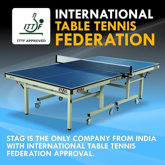 STAG GLOBAL Americas 16 Table Tennis Table 25mm Top (ITTF-Approved) Table with 2 TT Rackets, 6 Balls, 1 Table Cover & Clamp Net
