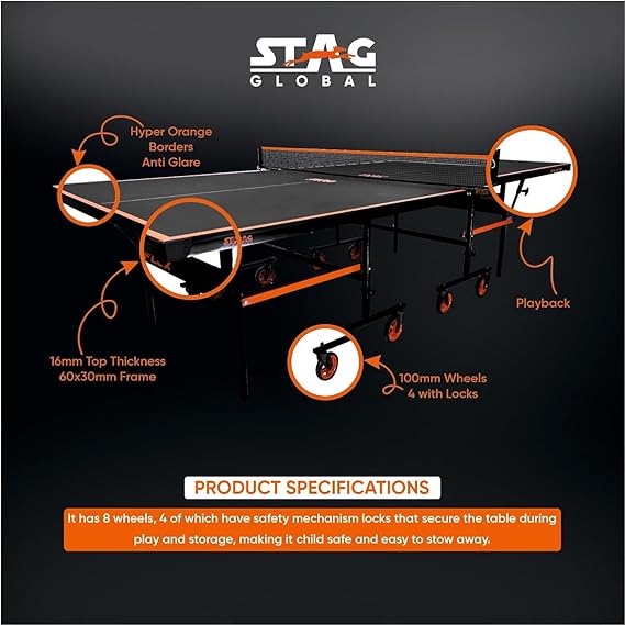 STAG GLOBAL Flex Series  Table Tennis  TT Table | Thickness 16,19,22,25 mm with 2 TT Rackets, 6 Balls, 1 Table Cover & Clamp Net