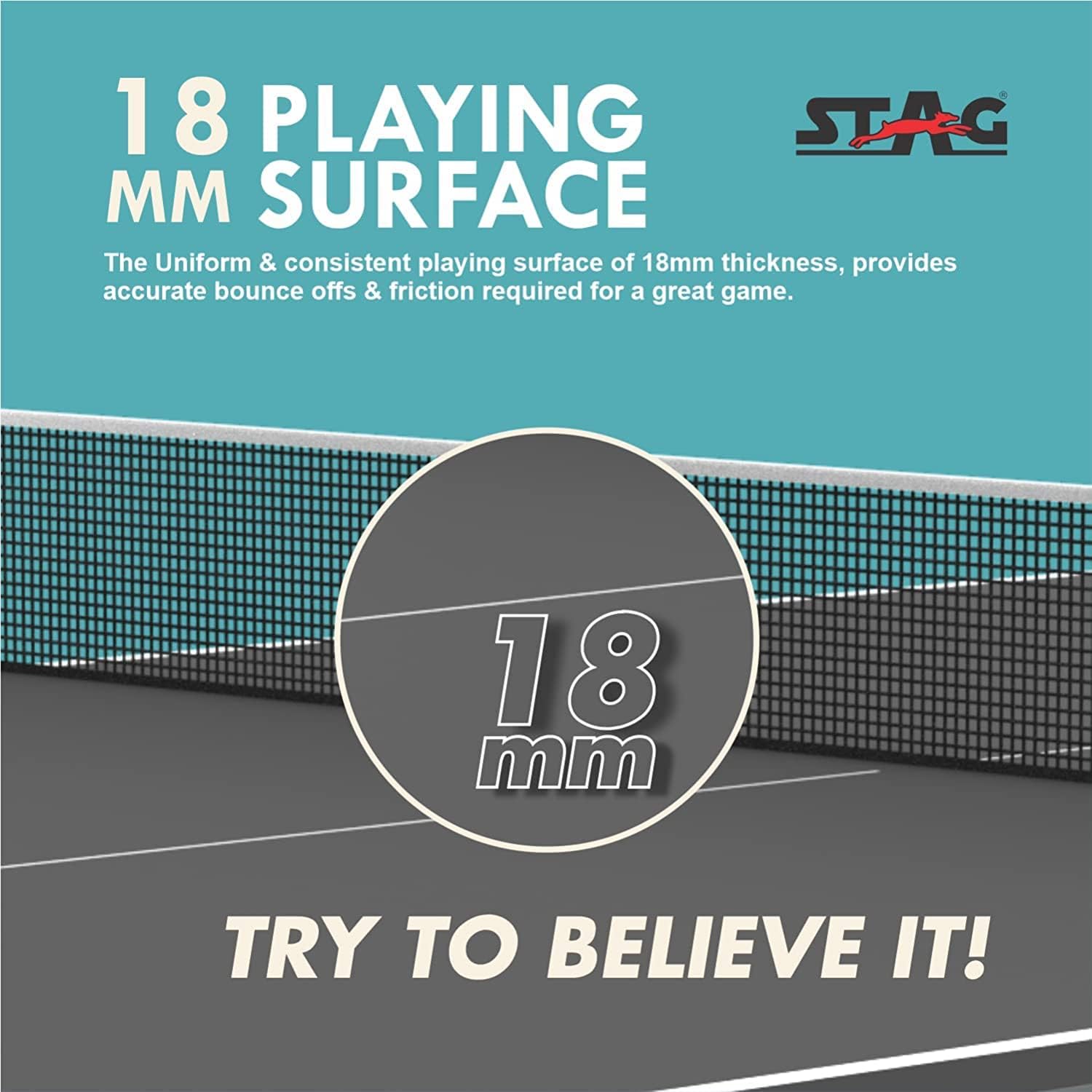 STAG GLOBAL Stealth Table Tennis (T.T) Table | 18mm Black  Top Professional Table with 2 TT Rackets, 6 Balls, 1 Table Cover & Clamp Net