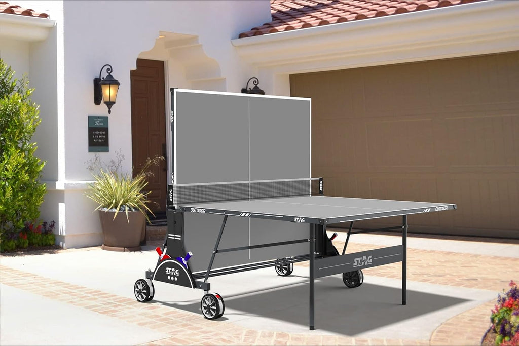 STAG GLOBAL Bali Outdoor Table Tennis Table 4mm top Thickness with 2 TT Rackets, 6 Balls, 1 Table Cover & Clamp Net