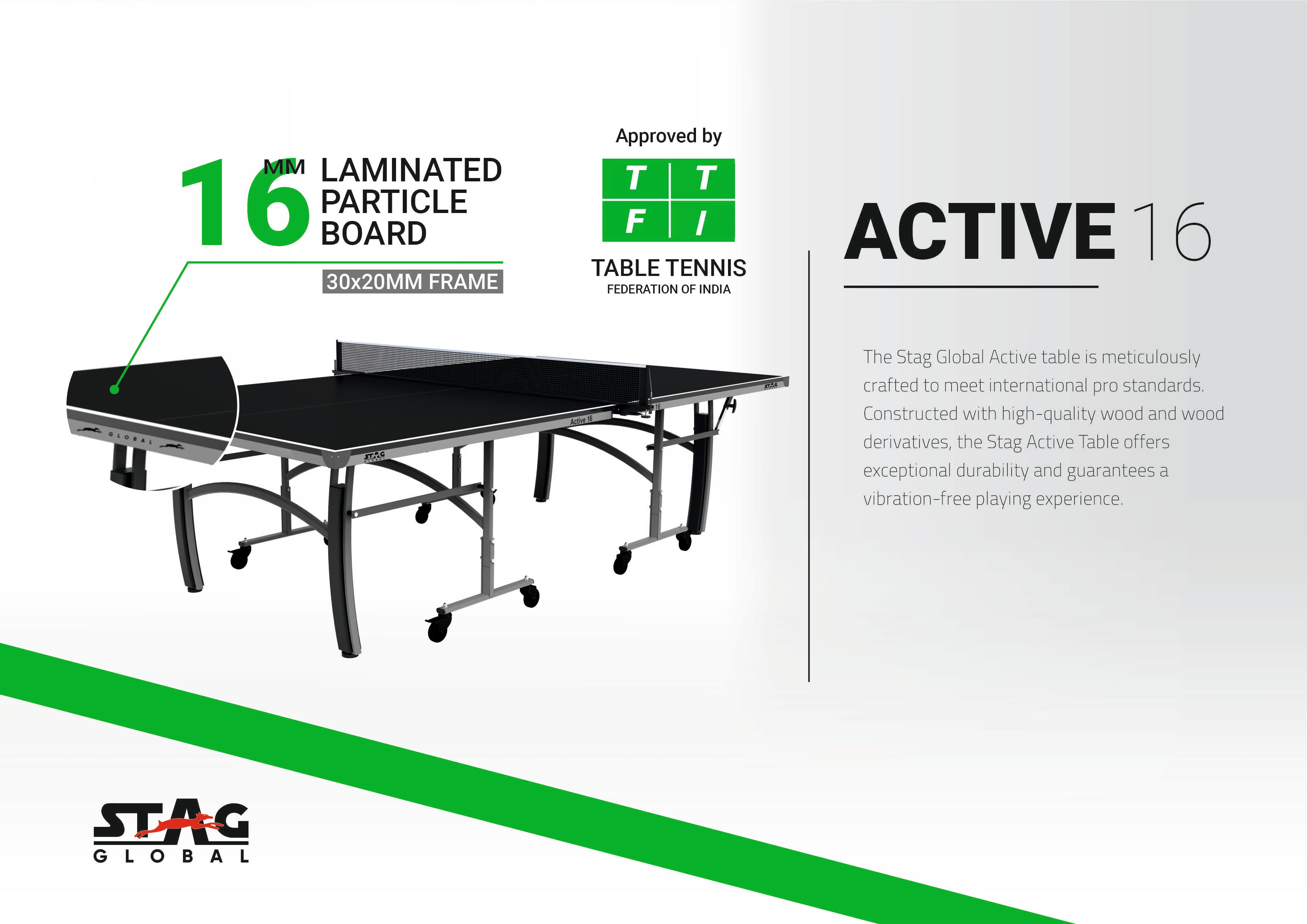 STAG GLOBAL Active Series Table Tennis Table (2025 Model) With 2 Racket, 6 Balls, Clamp Net, 1 Cover