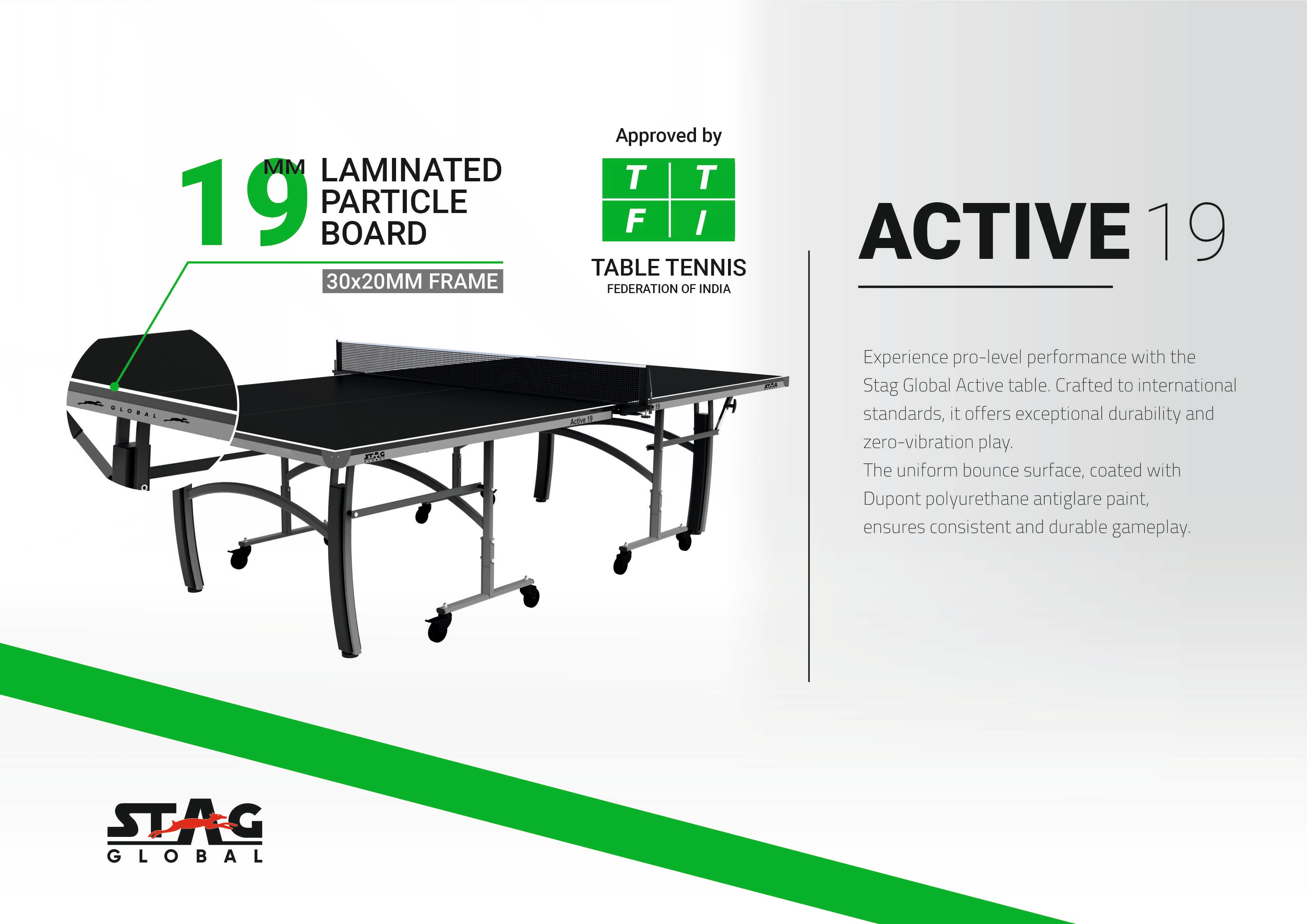 STAG GLOBAL Active Series Table Tennis Table (2025 Model) With 2 Racket, 6 Balls, Clamp Net, 1 Cover