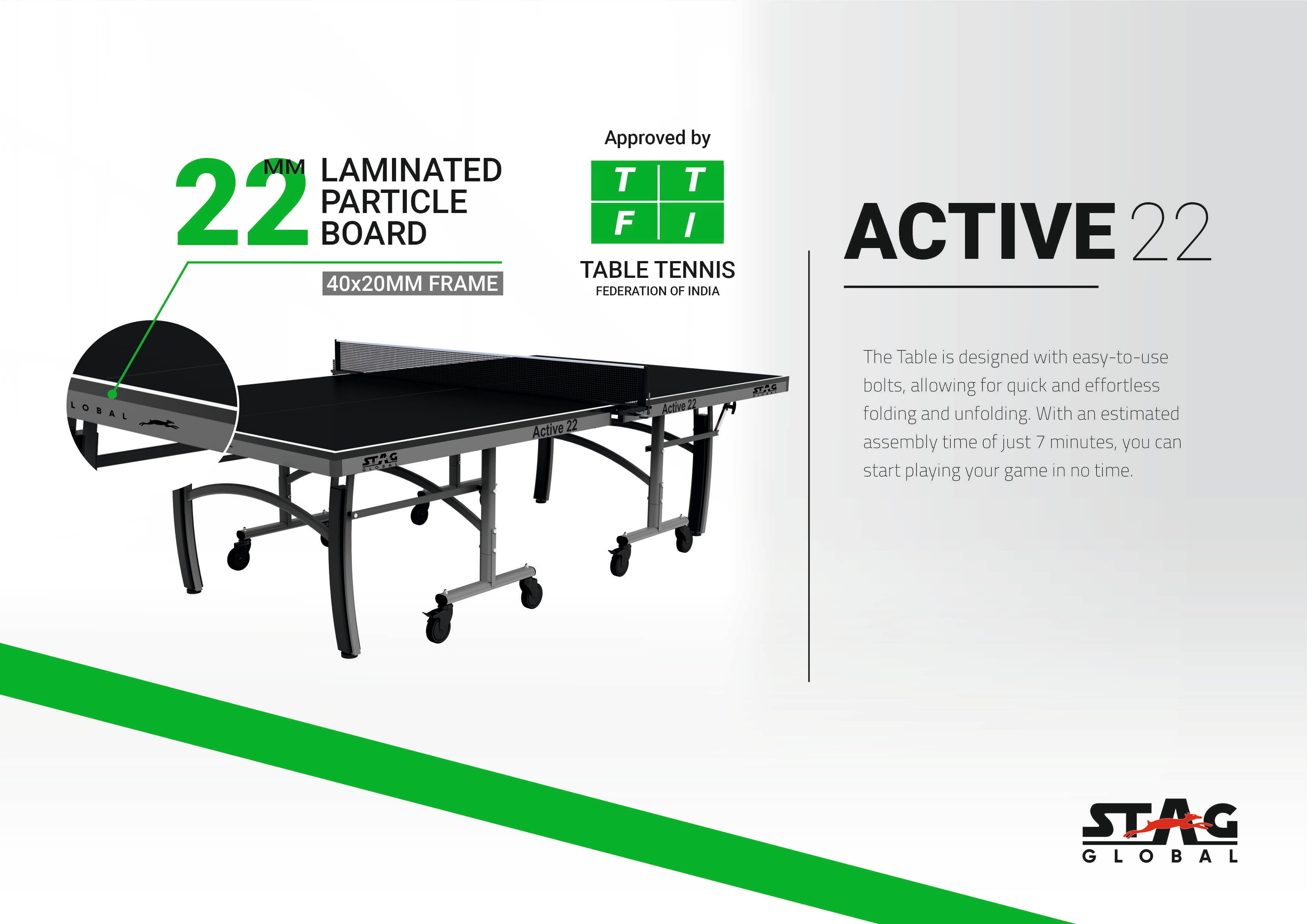 STAG GLOBAL Active Series Table Tennis Table (2025 Model) With 2 Racket, 6 Balls, Clamp Net, 1 Cover