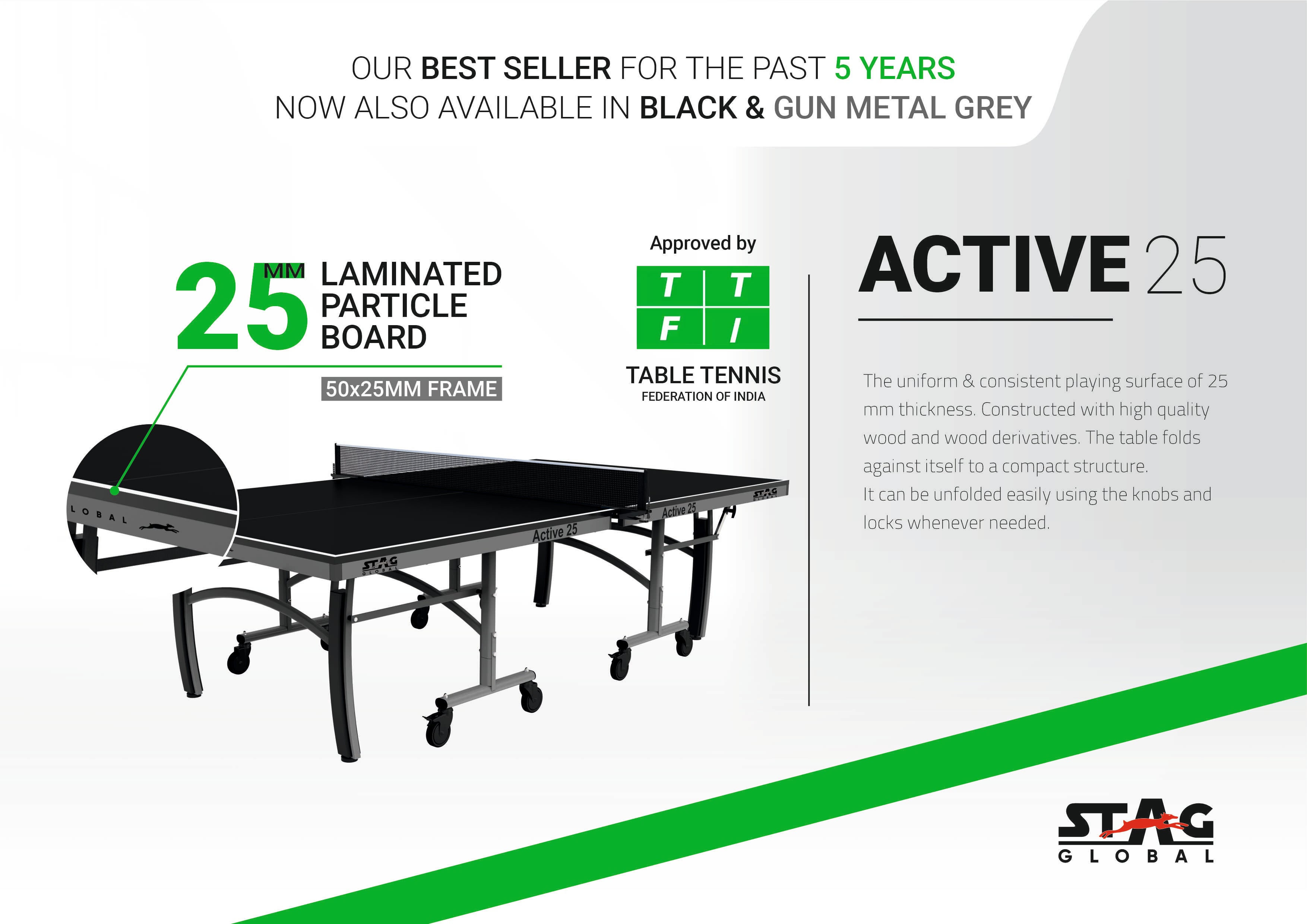 STAG GLOBAL Active Series Table Tennis Table (2025 Model) With 2 Racket, 6 Balls, Clamp Net, 1 Cover