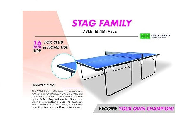 STAG GLOBAL Family Series Table Tennis Table | Indoor T.T Table 16mm Blue Top With 2 TT Rackets, 6 Balls, 1 Table Cover & Clamp Net