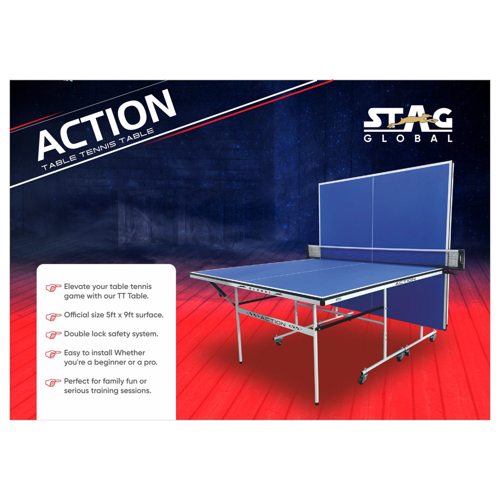 STAG GLOBAL Action Table Tennis Table Blue Top ,Thickness 16mm with 1 Table Cover, 2 TT Rackets, 6 Balls, 1 Clamp Net