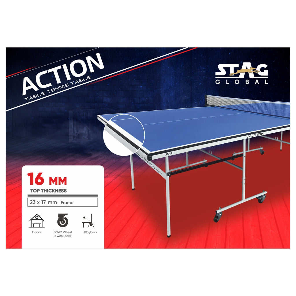 STAG GLOBAL Action Table Tennis Table Blue Top ,Thickness 16mm with 1 Table Cover, 2 TT Rackets, 6 Balls, 1 Clamp Net