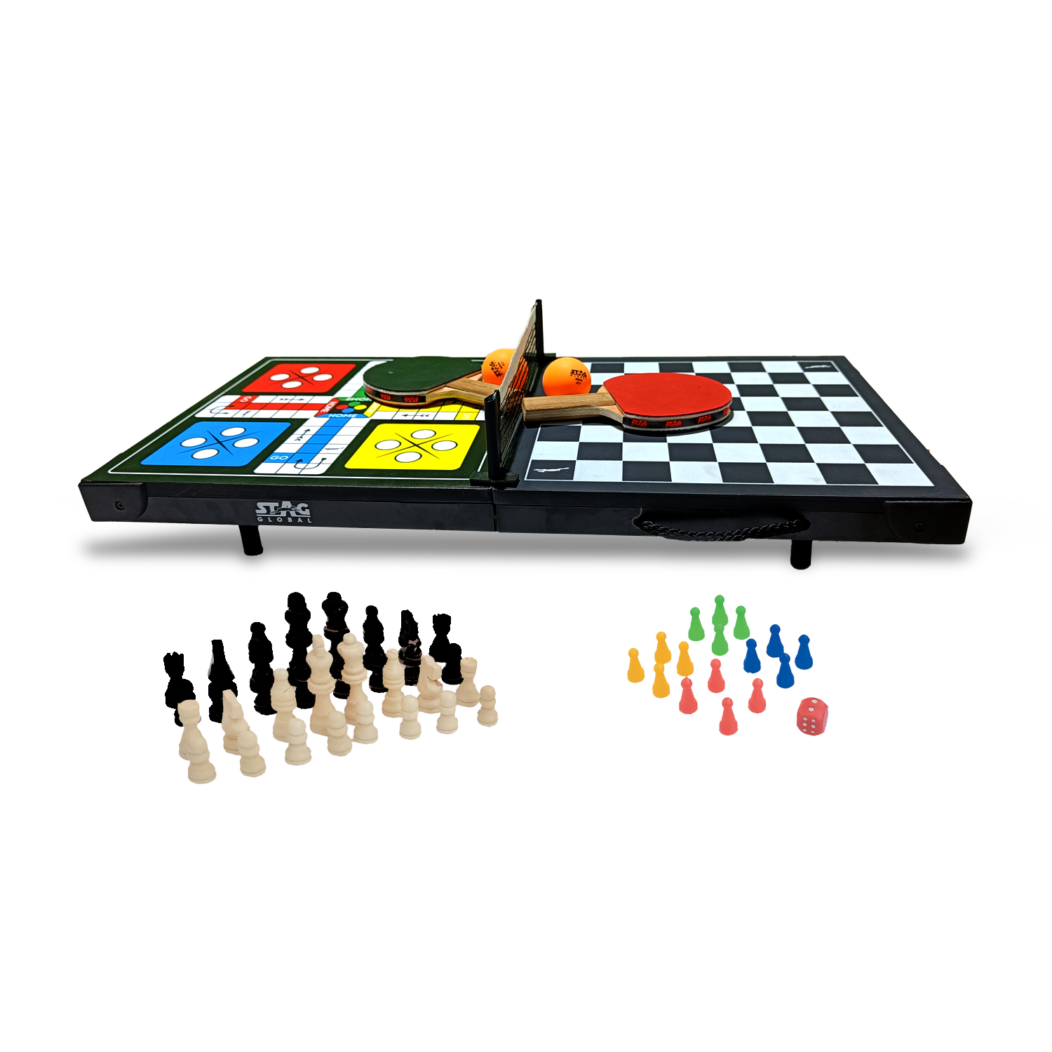 STAG GLOBAL 4 in 1  Supermini Table Tennis Table |  Portable  |  Ludo  Chess & Checkers |  Board Game Table