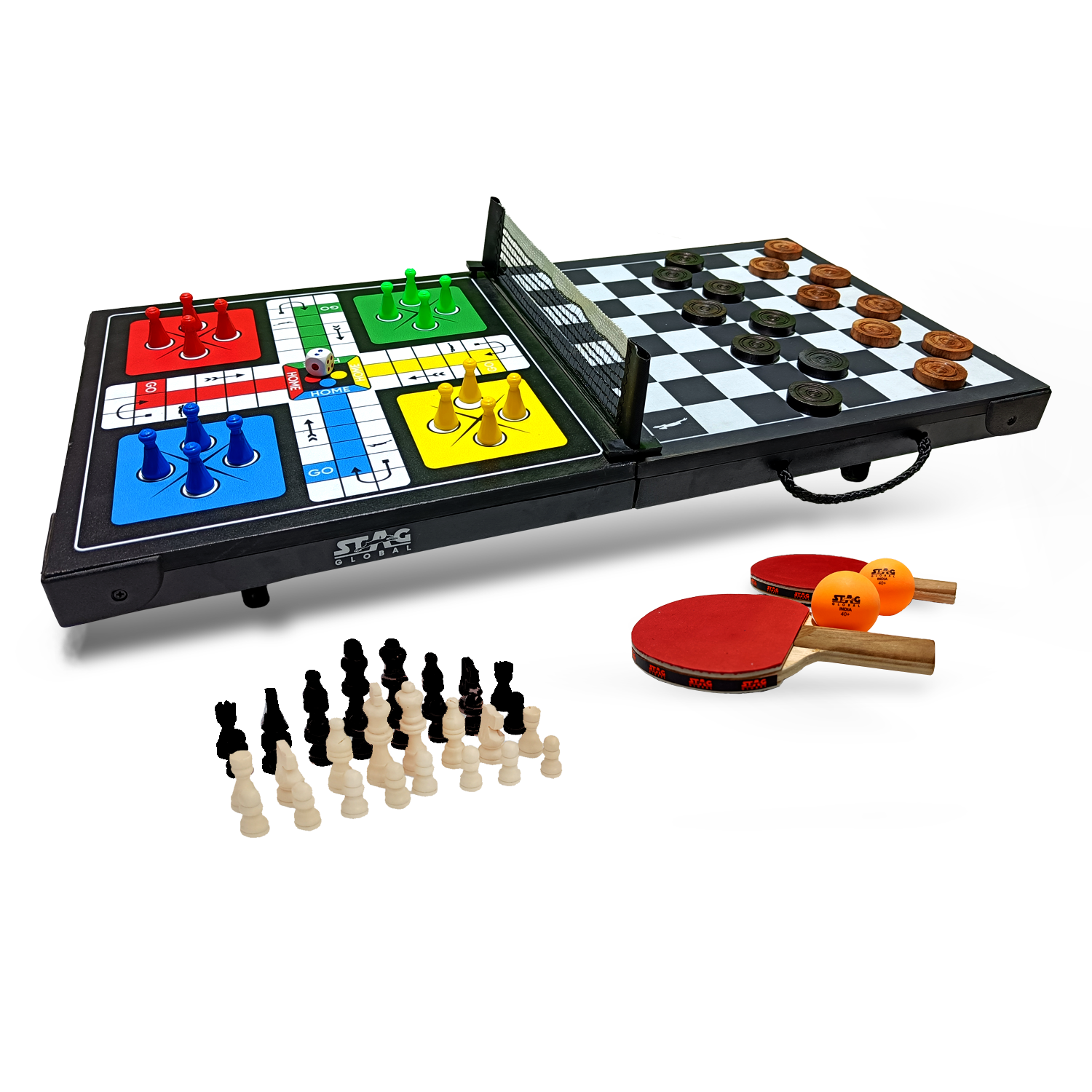 STAG GLOBAL 4 in 1  Supermini Table Tennis Table |  Portable  |  Ludo  Chess & Checkers |  Board Game Table