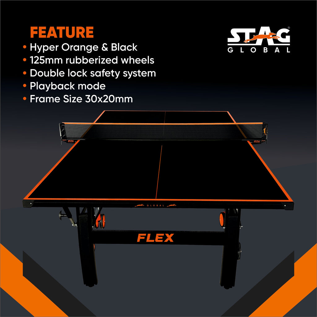 STAG GLOBAL Flex Table Tennis Table Black Top, Thickness 19mm with 2 TT Rackets, 6 Balls, 1 Table Cover & Clamp Net