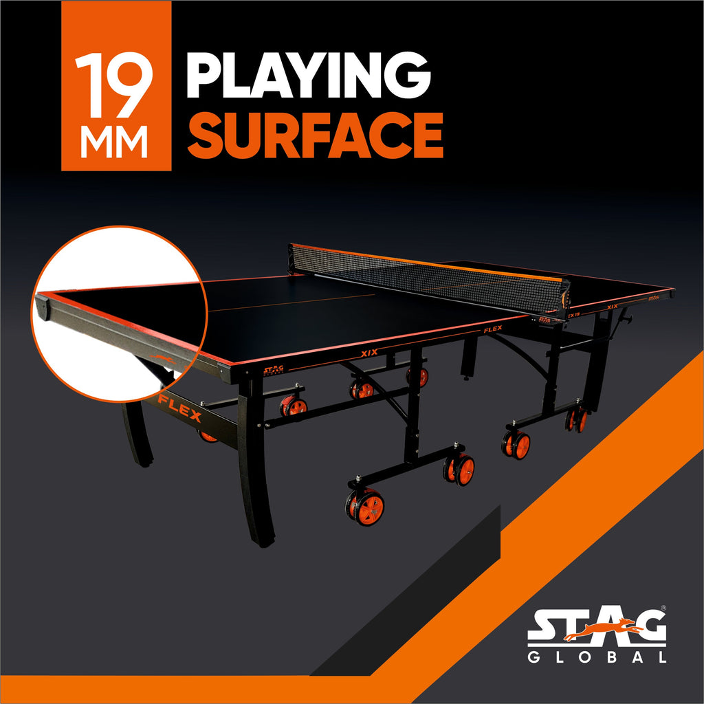 STAG GLOBAL Flex Table Tennis Table Black Top, Thickness 19mm with 2 TT Rackets, 6 Balls, 1 Table Cover & Clamp Net