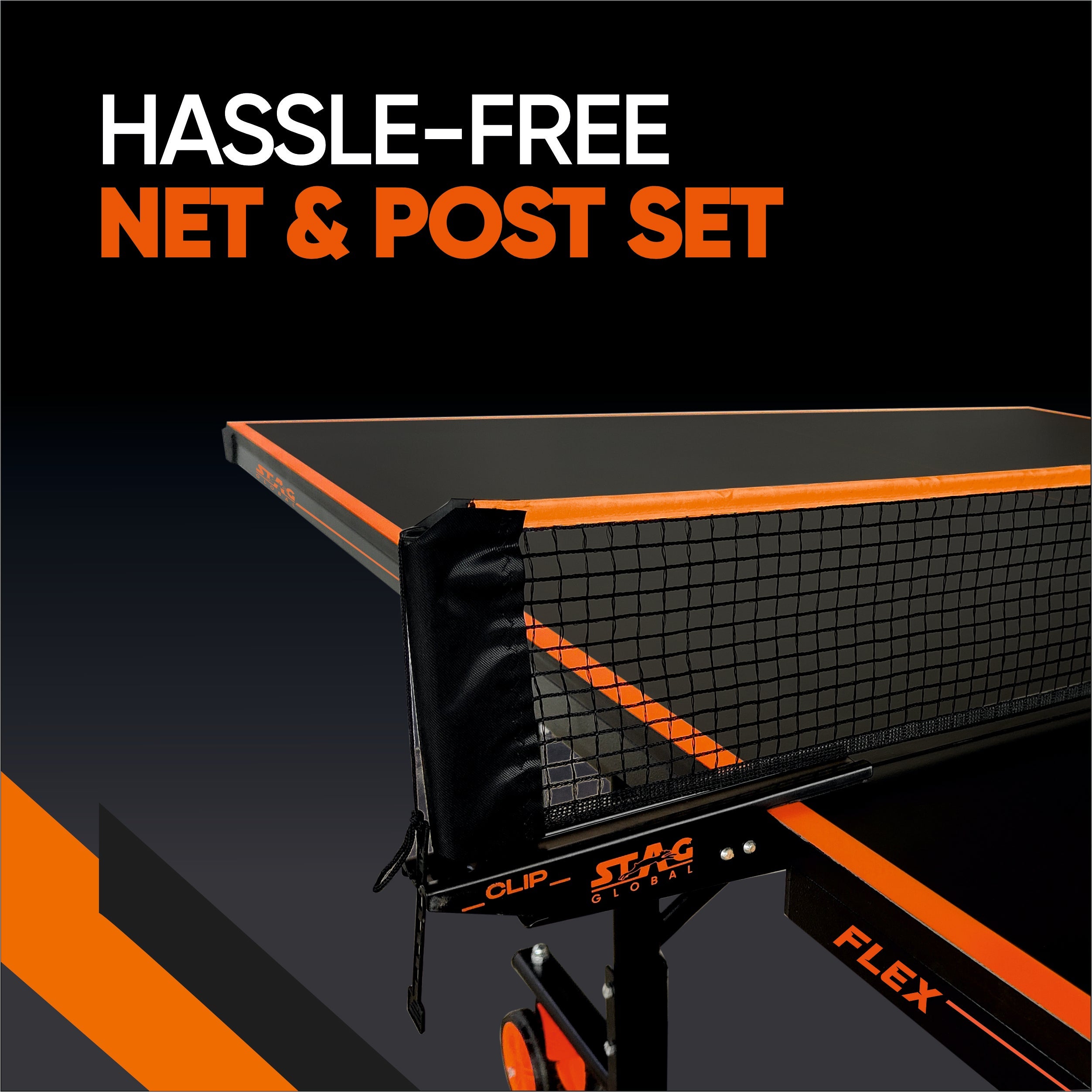 STAG GLOBAL Flex Table Tennis Table Black Top, Thickness 19mm with 2 TT Rackets, 6 Balls, 1 Table Cover & Clamp Net