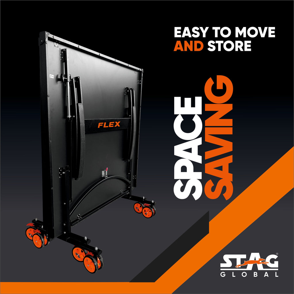 STAG GLOBAL Flex Table Tennis Table Black Top, Thickness 19mm with 2 TT Rackets, 6 Balls, 1 Table Cover & Clamp Net