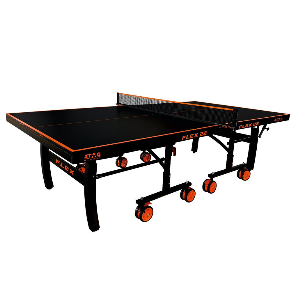STAG GLOBAL Flex Table Tennis Table Black Top Thickness 22mm with 2 TT Rackets, 6 Balls, 1 Table Cover & Clamp Net
