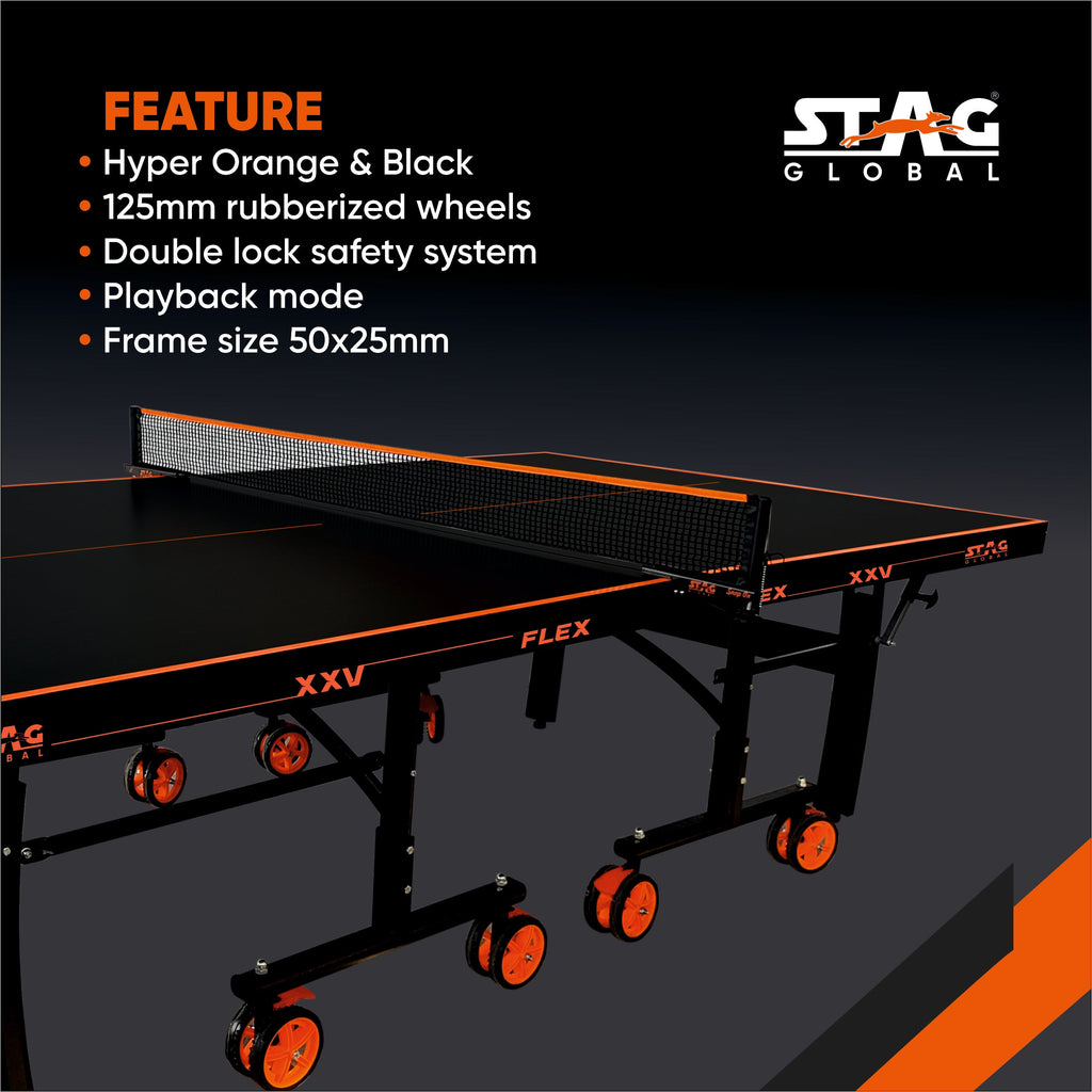 STAG GLOBAL Flex Table  Tennis Table – Premium Black Top 25 mm with 2 TT Rackets, 6 Balls, 1 Table Cover & Clamp Net