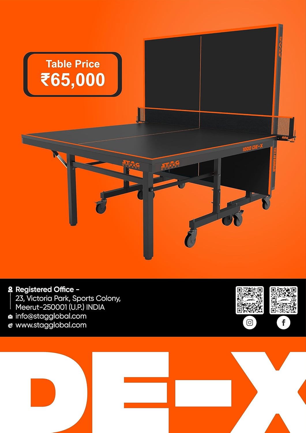 STAG GLOBAL 1000 DE-X Table Tennis Table  Full Size Professional Table with  1 Table Cover, 2 TT Rackets,  6 Balls, 1 Clamp Net