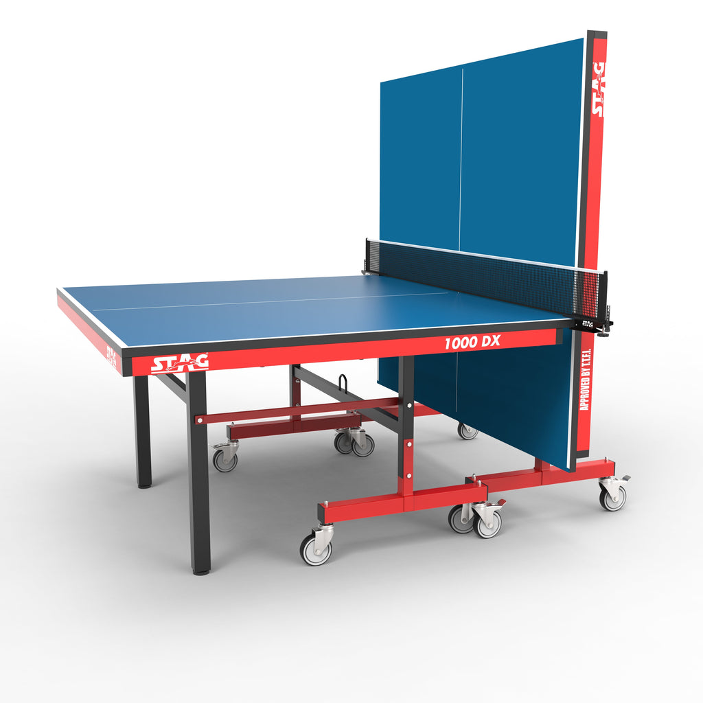 STAG GLOBAL Deluxe 1000 DX Table Tennis Table | 25mm Blue Top with 2 TT Rackets | 6 Balls | 1 Table Cover & Clamp Net