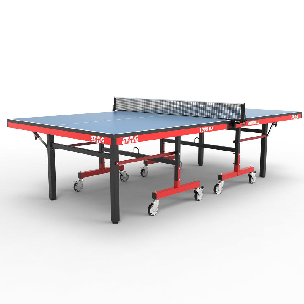 STAG GLOBAL Deluxe 1000 DX Table Tennis Table | 25mm Blue Top with 2 TT Rackets | 6 Balls | 1 Table Cover & Clamp Net