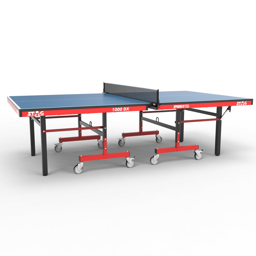 STAG GLOBAL Deluxe 1000 DX Table Tennis Table | 25mm Blue Top with 2 TT Rackets | 6 Balls | 1 Table Cover & Clamp Net