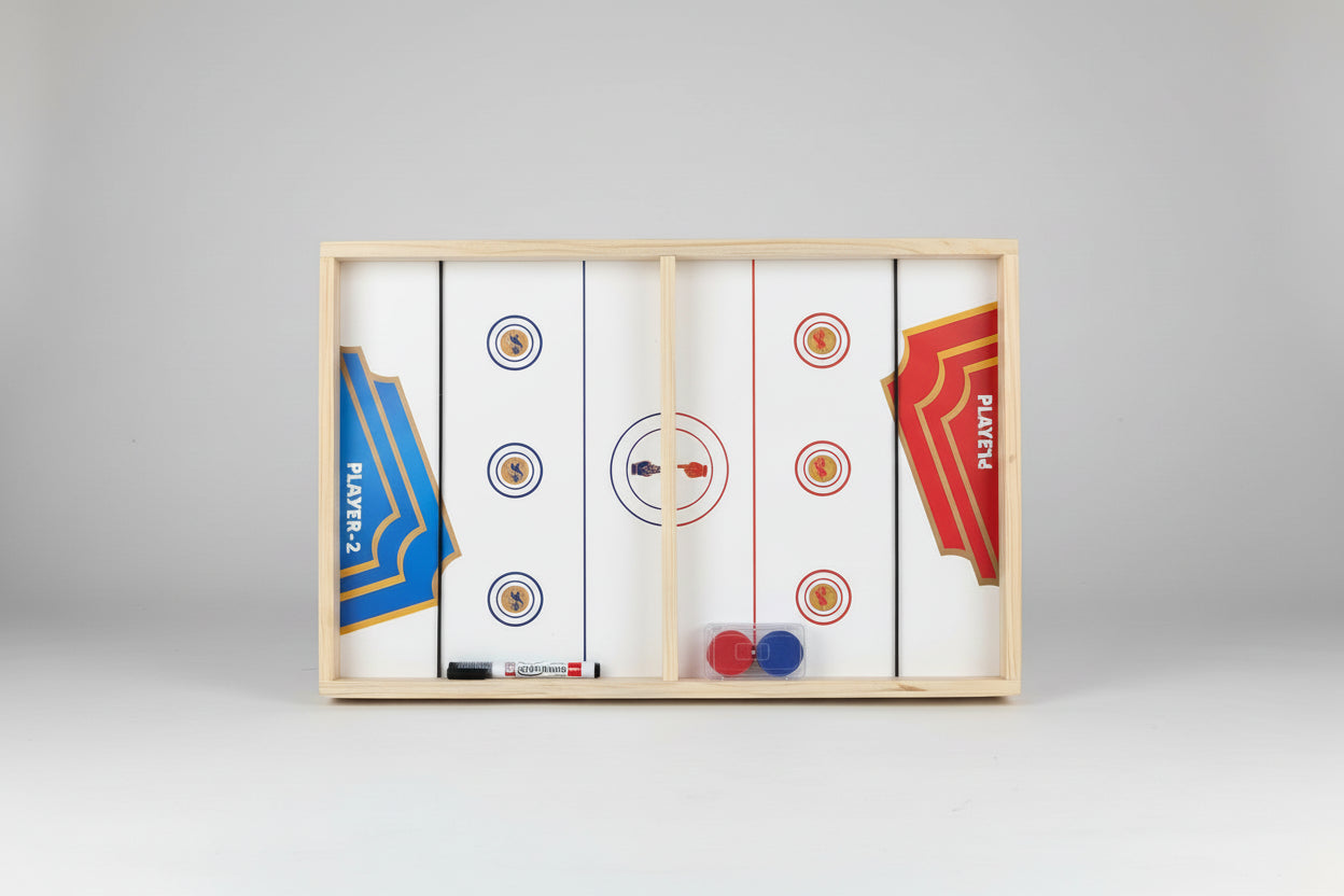 Air hockey table with scoring area on a gray background