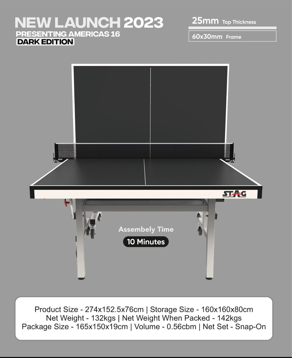STAG GLOBAL Americas 16 Table Tennis Table 25mm Top (ITTF-Approved) Table with 2 TT Rackets, 6 Balls, 1 Table Cover & Clamp Net
