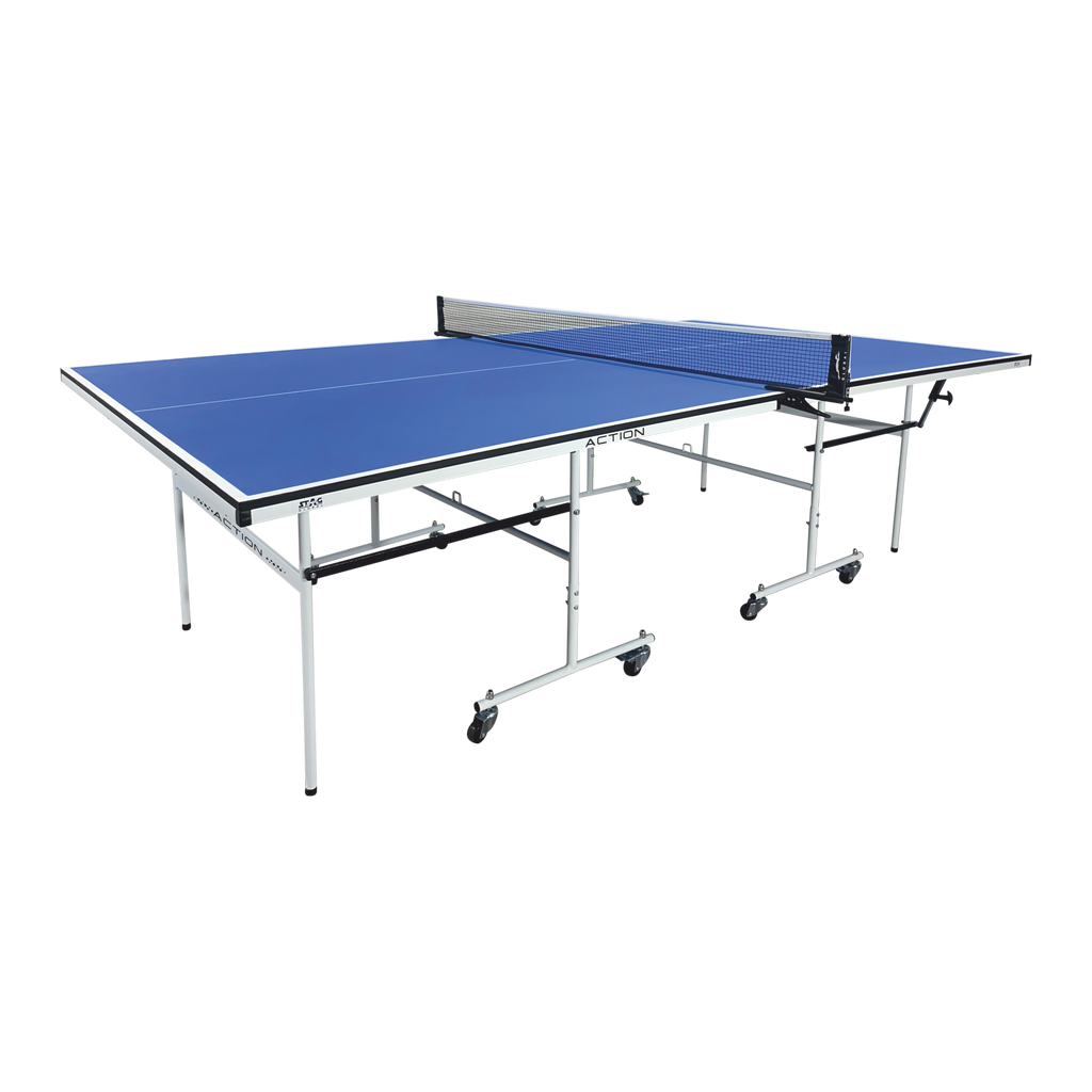 STAG GLOBAL Action Table Tennis Table Blue Top ,Thickness 16mm with 1 Table Cover, 2 TT Rackets, 6 Balls, 1 Clamp Net