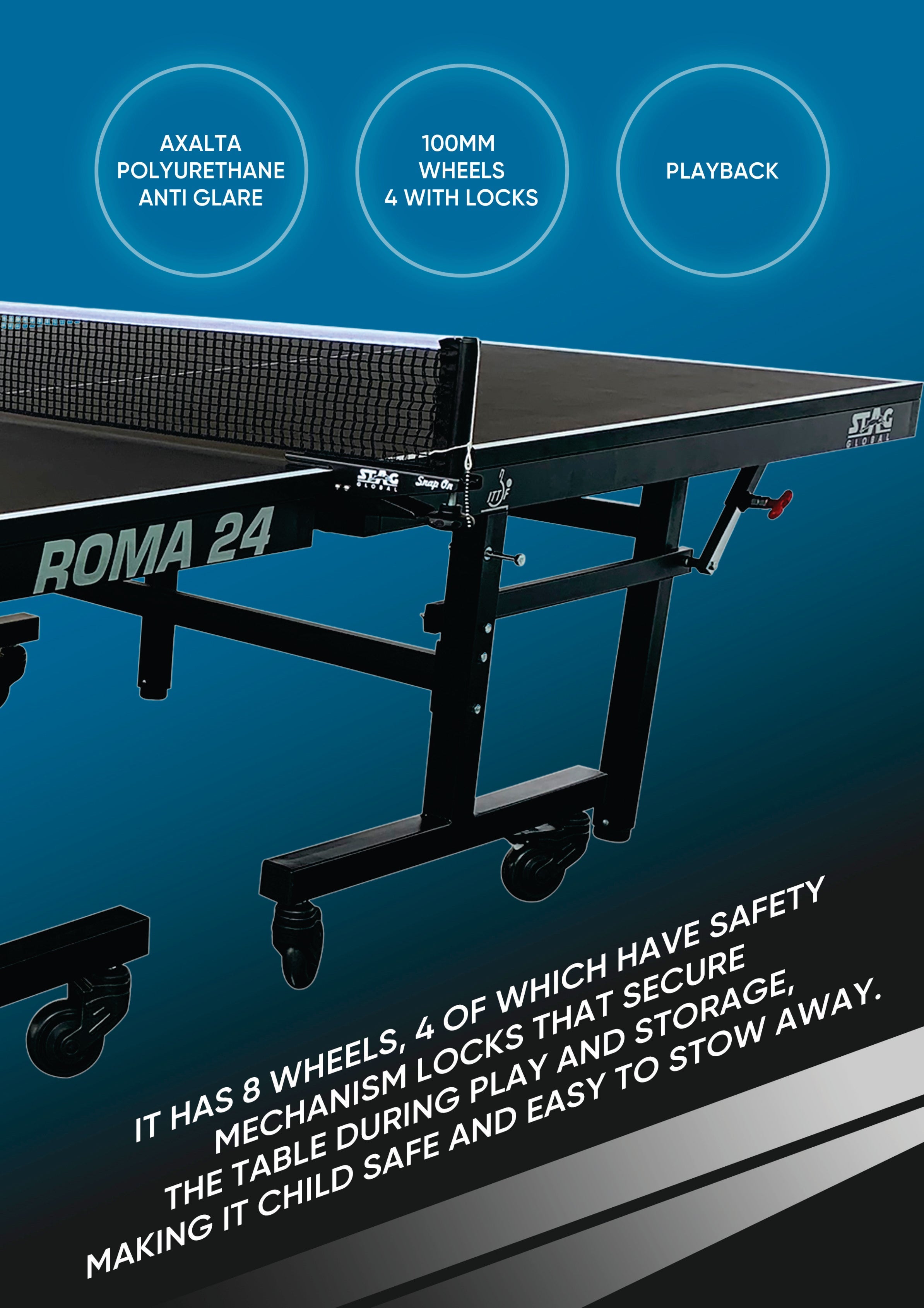 STAG GLOBAL Roma 24 Table Tennis Table | World Masters Championship Black TT Table | 2 TT  Rackets, 6 Balls, Clamp Net And 1 Cover